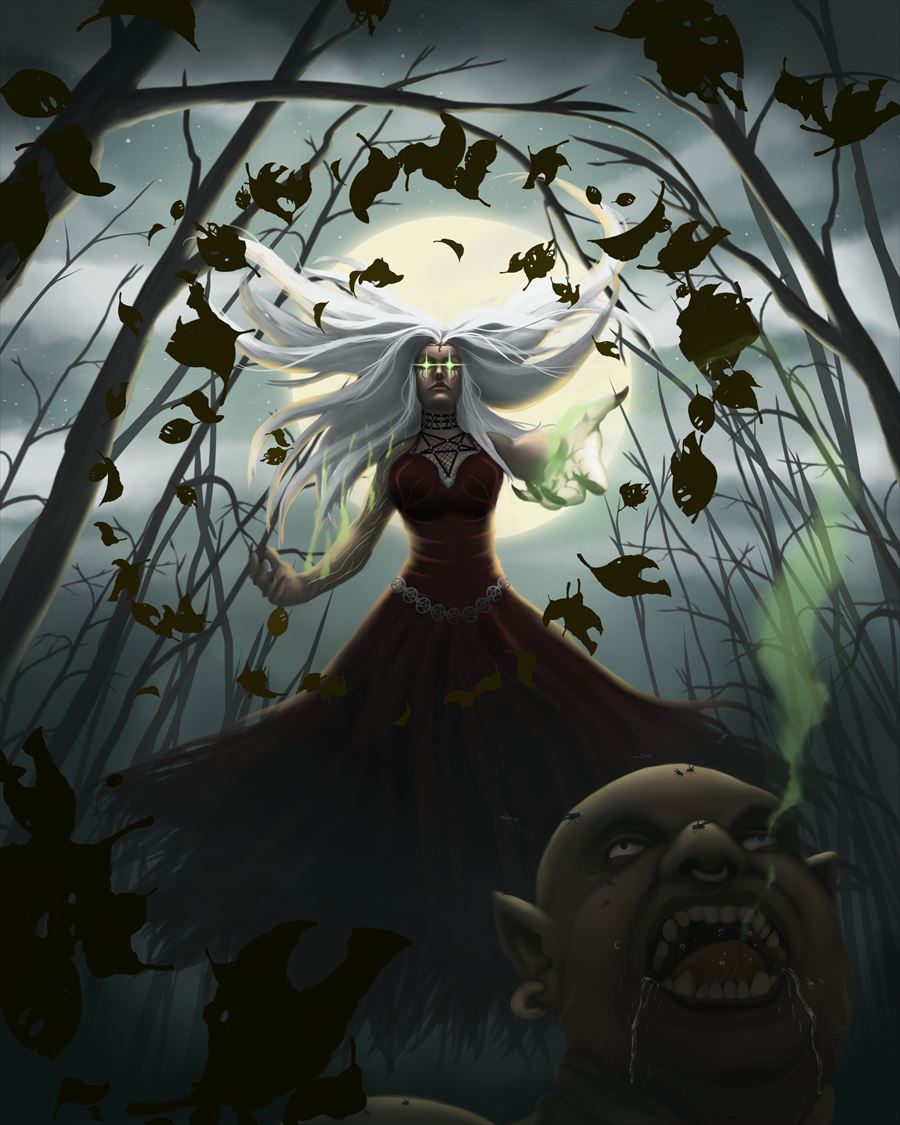 Painting of Saraahd the White, a pale witch among dark trees