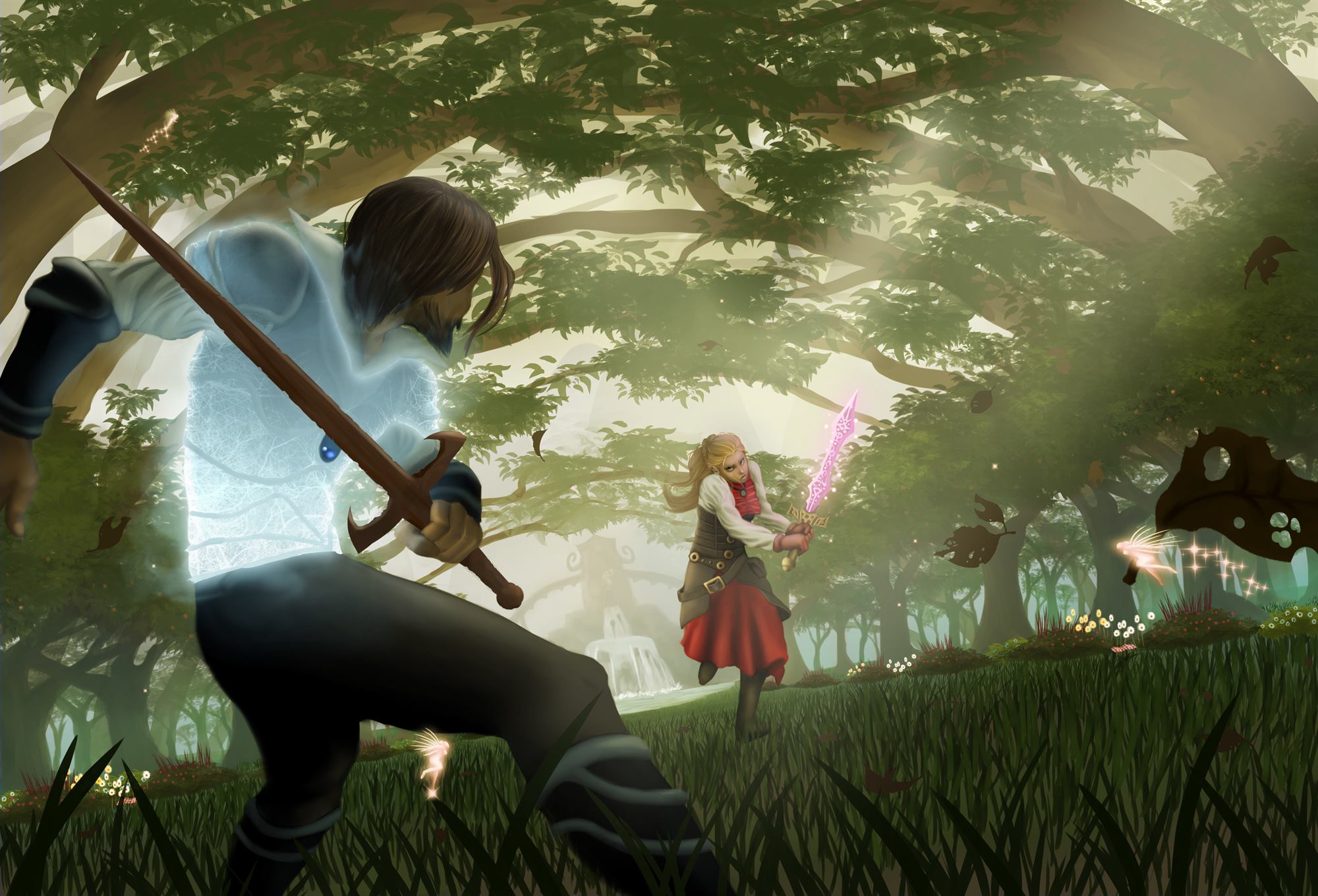 Two Mystic Times characters face each other with drawn swords in a sunlit forest